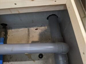 横浜市青葉区の新築注文住宅にて、ベタ基礎の床下点検口から内部を調査。通気口から侵入し、基礎内部で死骸となった複数のクロゴキブリを確認した様子